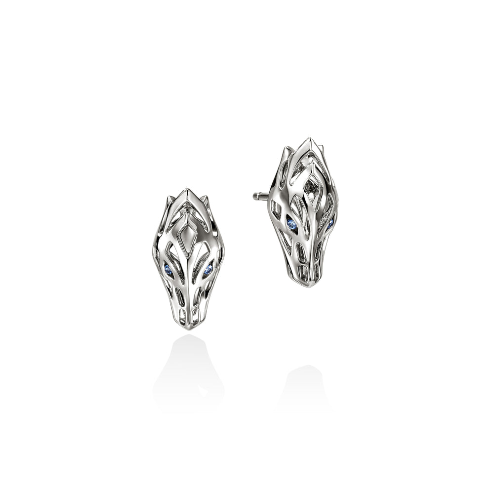 Naga Stud Earrings, Sterling Silver, Blue Sapphire