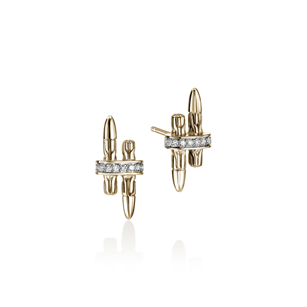 Spear Stud Earrings, Gold, Diamonds