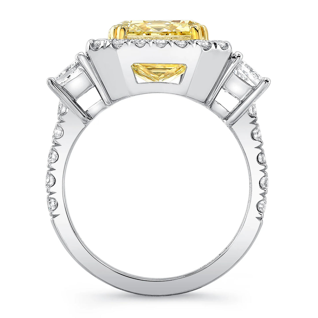 Uneek Contemporary Radiant-Cut Yellow Diamond-Center Three-Stone Engagement Ring