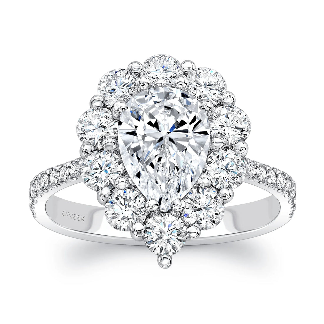 Uneek Pear-Shaped Diamond Engagement Ring with Scallop-Inspired Shared-Prong Round Diamond Halo