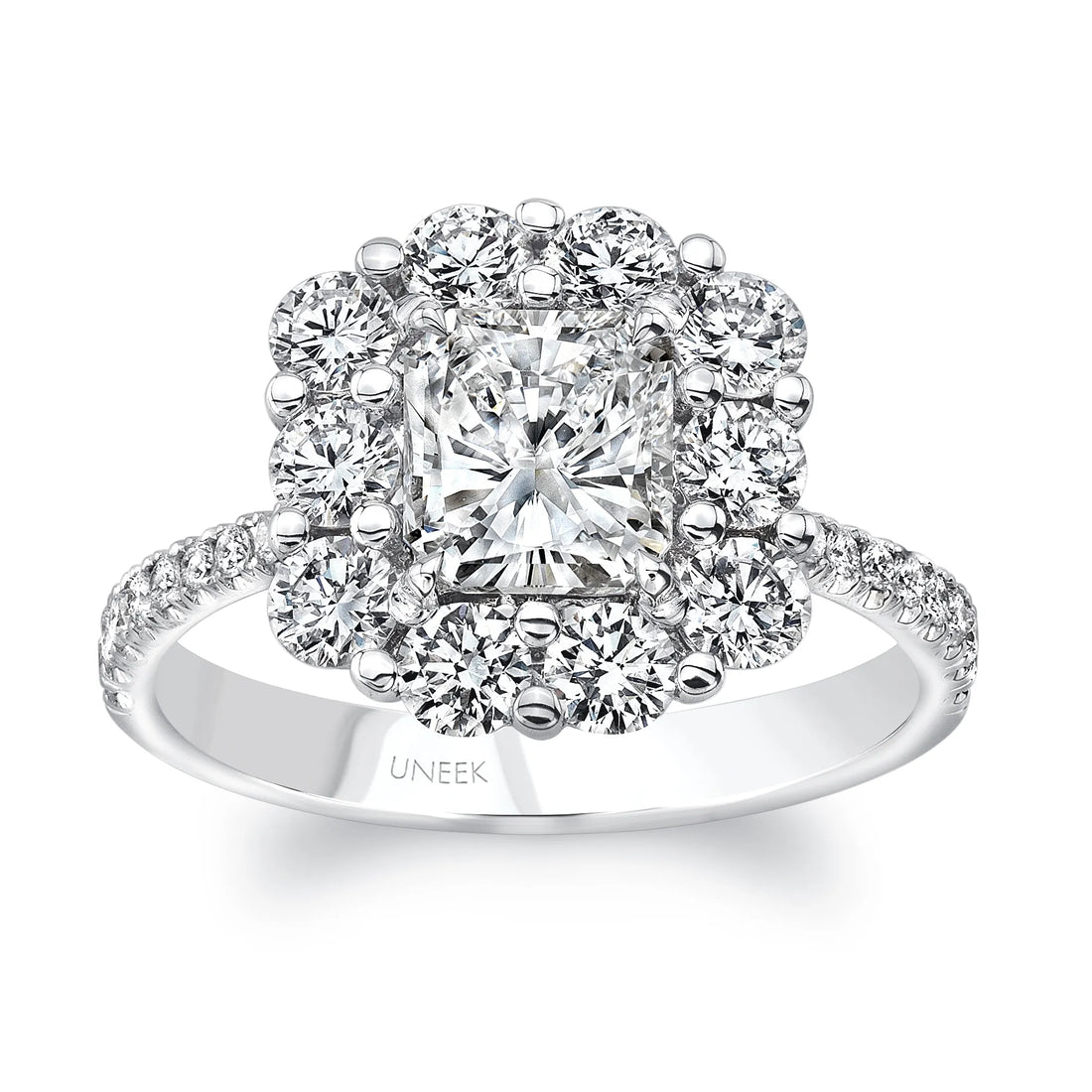 Uneek Radiant-Cut Diamond Engagement Ring with Floral-Inspired Shared-Prong Halo