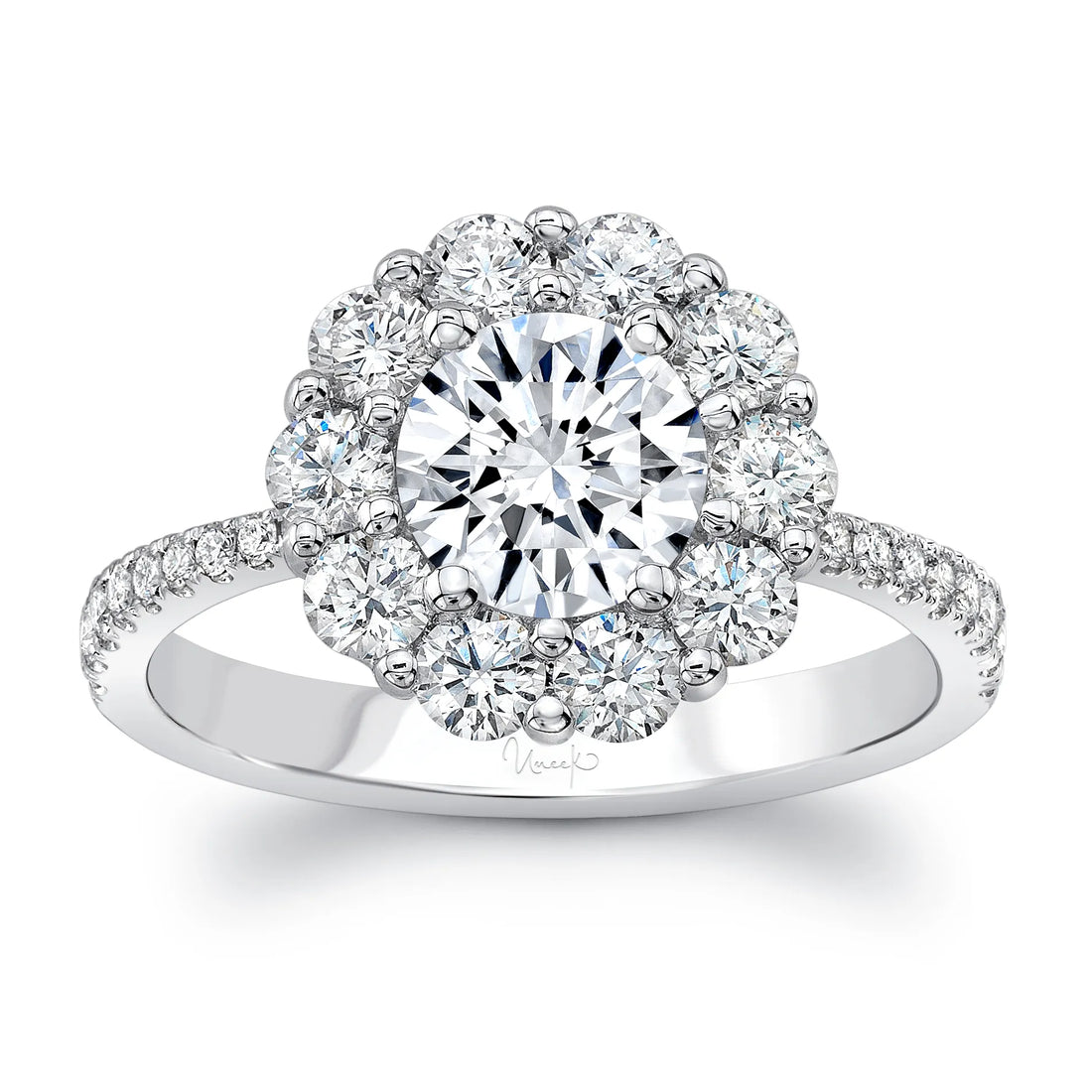 Uneek Round Diamond Engagement Ring with Floral-Inspired Shared-Prong Diamond Halo