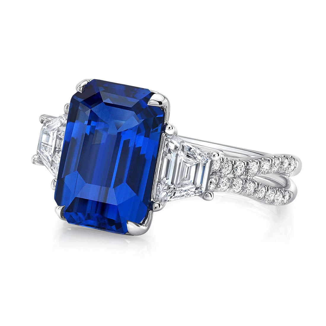 Uneek Sapphire-and-Diamond Three-Stone Engagement Ring with Emerald-Cut Blue Sapphire Center and Pave Silhouette Double Shank