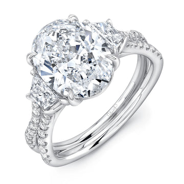 Uneek Oval-Center Classic Three-Stone Engagement Ring with Pave Silhouette Double Shank