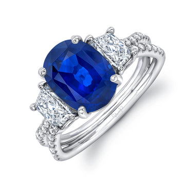 Uneek Sapphire-and-Diamond Three-Stone Engagement Ring with Oval Blue Sapphire Center and Pave Silhouette Double Shank