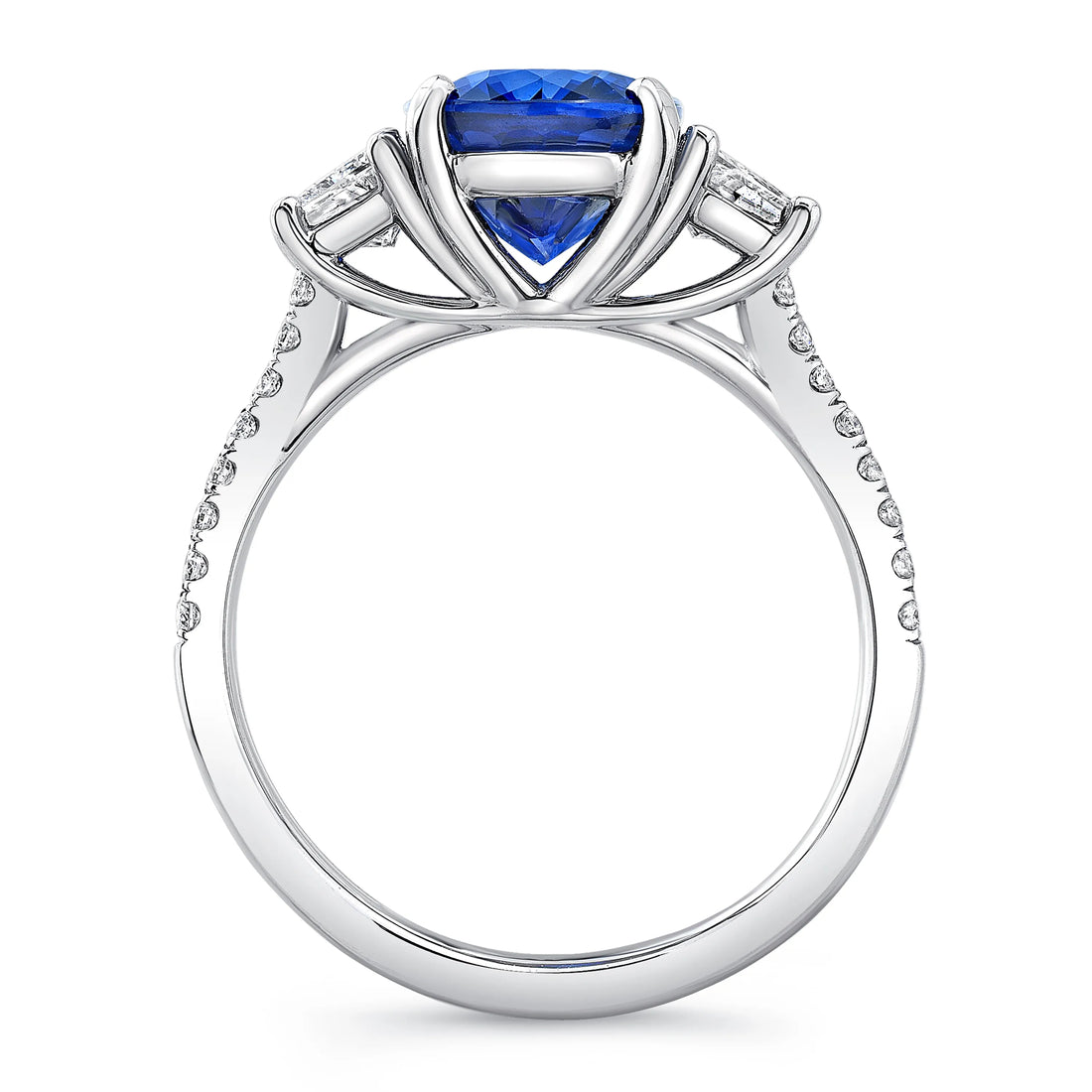 Uneek Sapphire-and-Diamond Three-Stone Engagement Ring with Oval Blue Sapphire Center and Pave Silhouette Double Shank