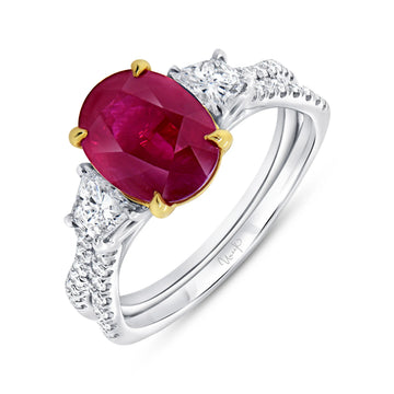 Uneek Precious Collection Three-Stone Oval Shaped Ruby Engagement Ring