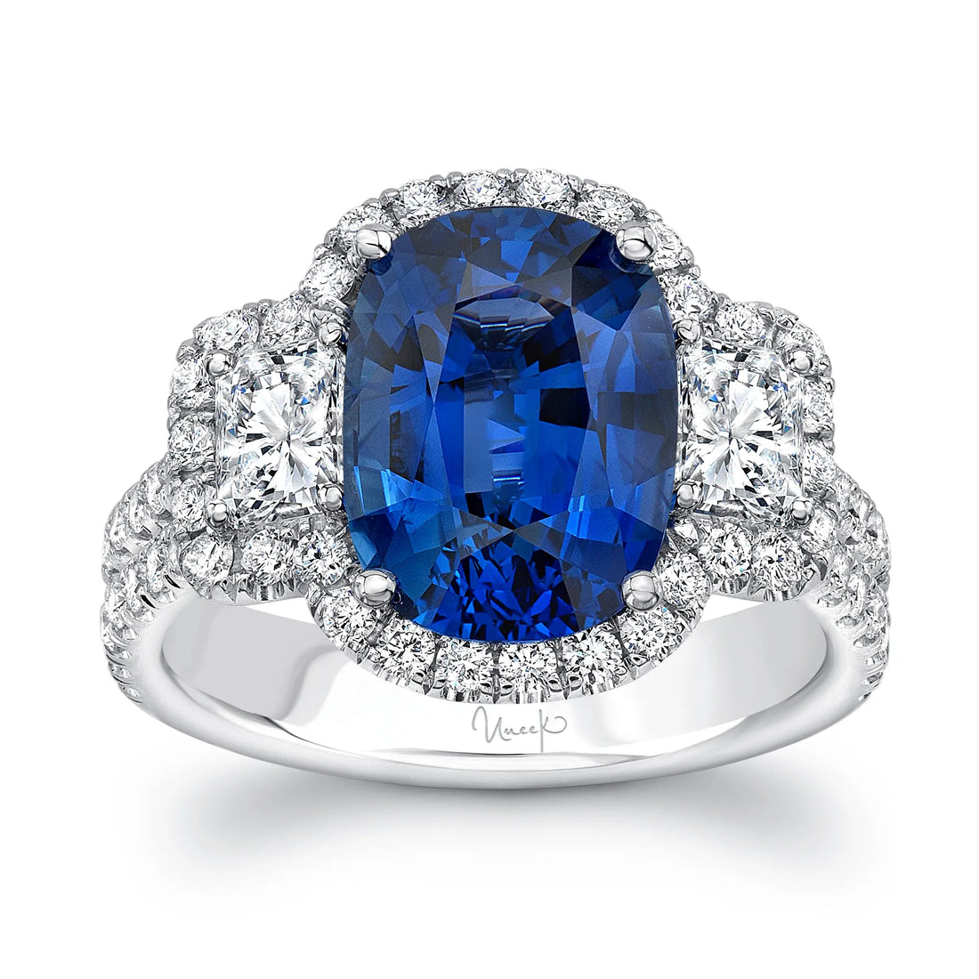 Uneek Precious Collection 3-Stone-Halo Cushion Cut Blue Sapphire Engagement Ring