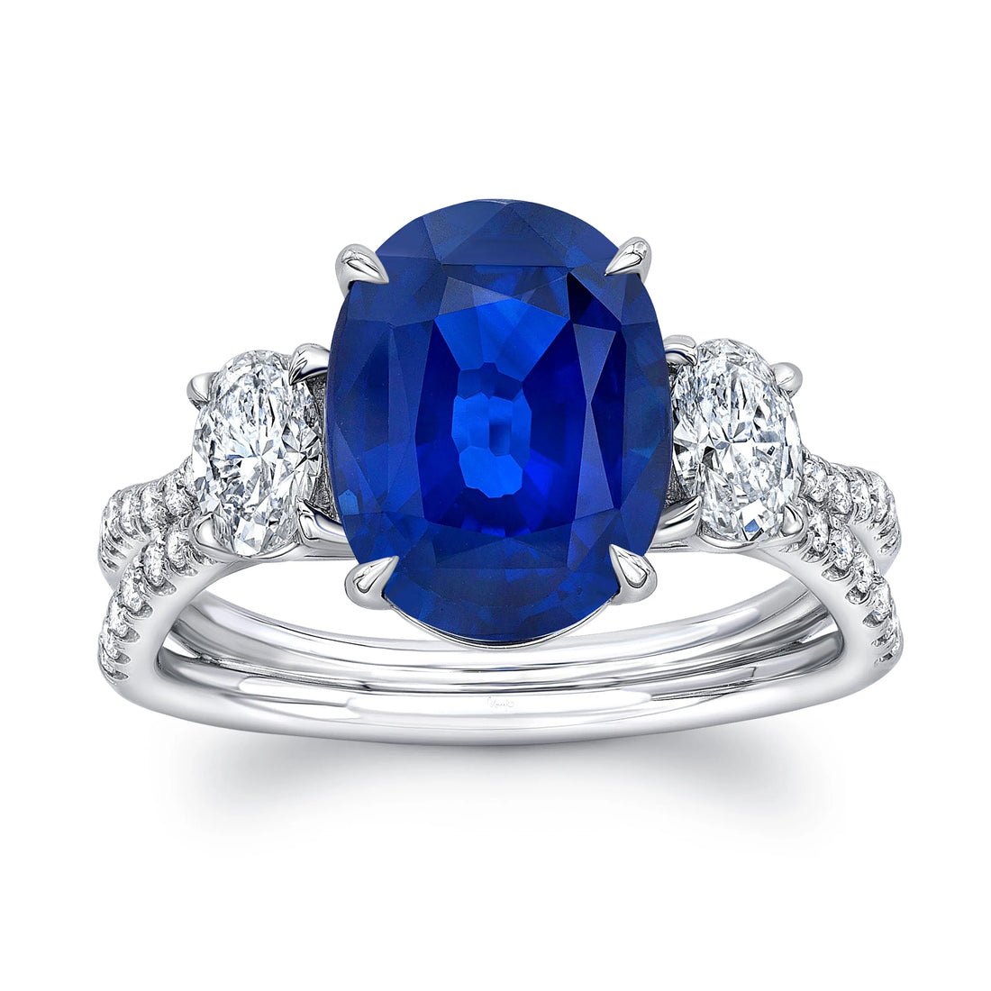 Uneek Sapphire-and-Diamond Three-Stone Engagement Ring with Oval Blue Sapphire Center, Oval Diamond Sides, and Pave Silhouette Double Shank
