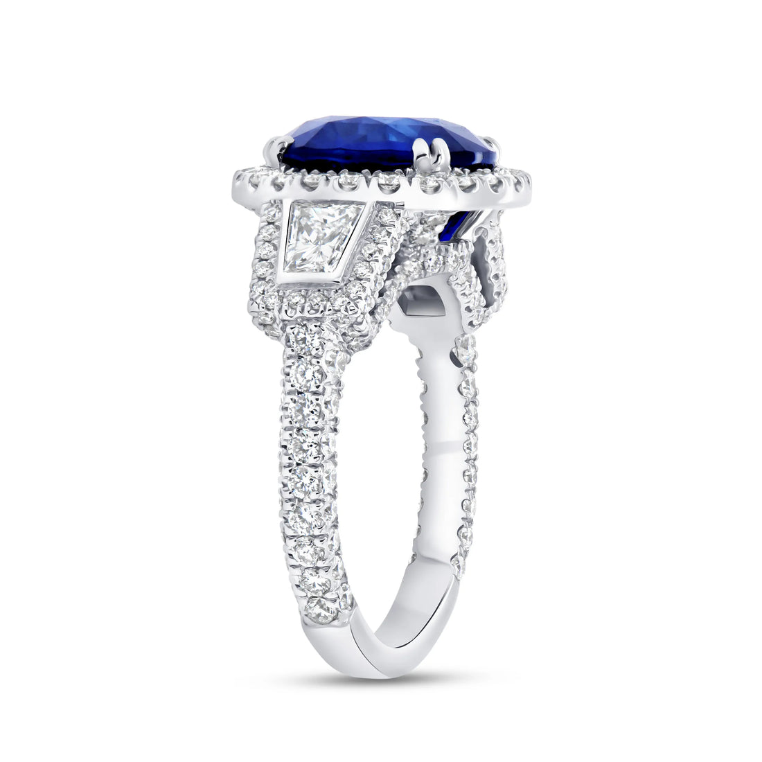 Uneek Precious Collection 3-Stone-Halo Round Blue Sapphire Fashion Ring