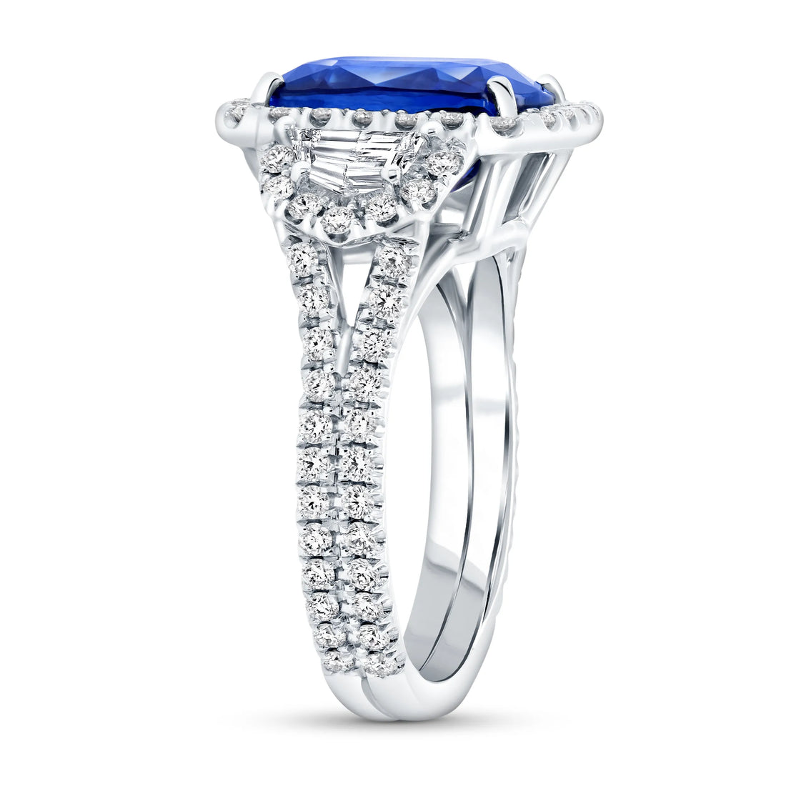 Uneek Cushion-Cut Blue Sapphire Ring with Epaulet Diamond Sidestones and Double-Row Pave Shank