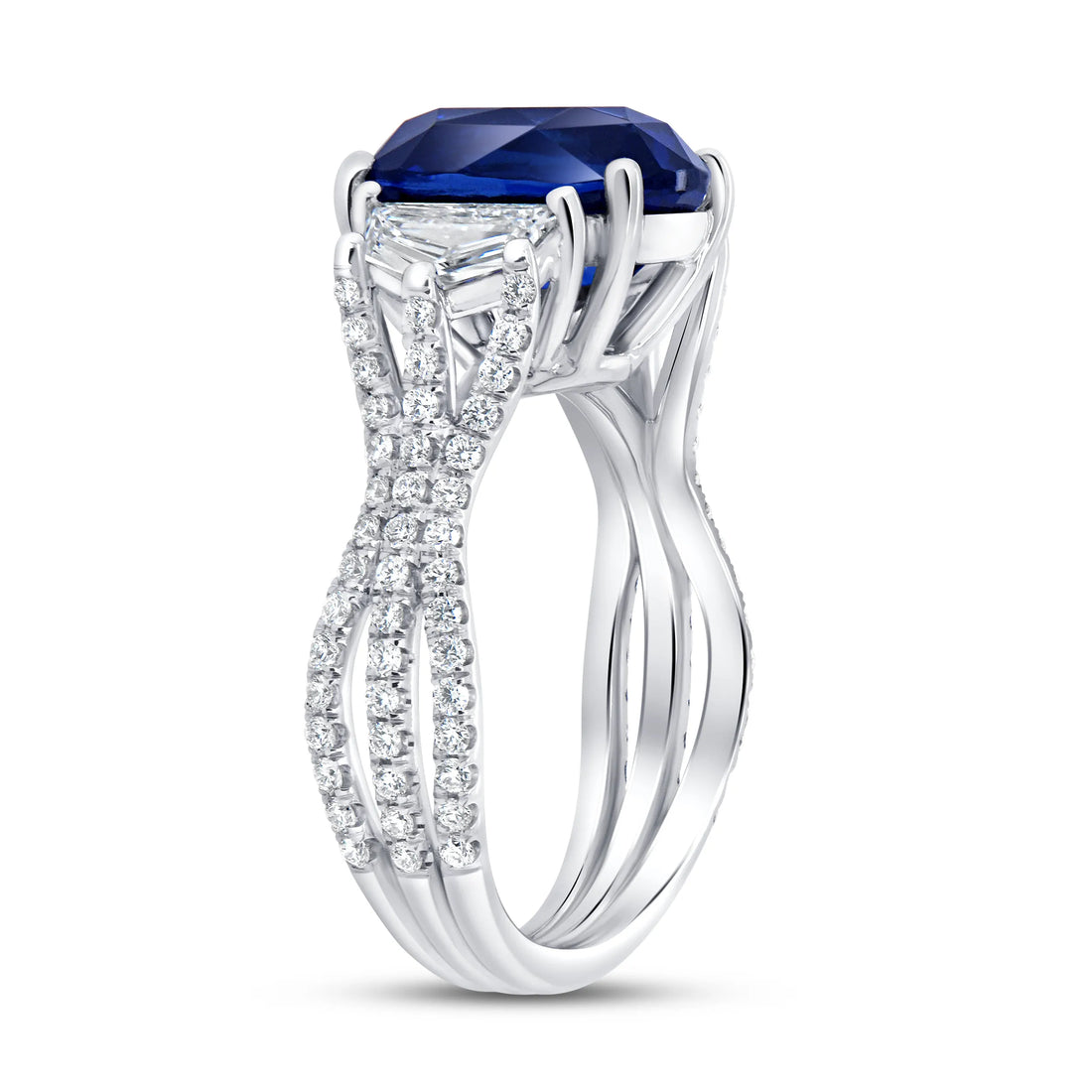 Uneek Precious Collection Three-Stone Oval Shaped Blue Sapphire Engagement Ring