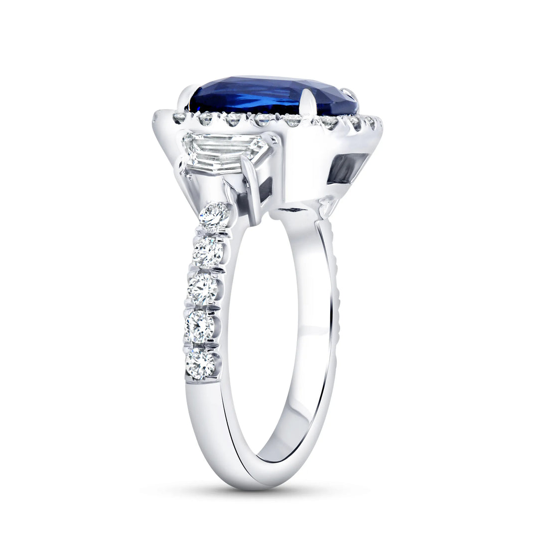 Uneek Precious Collection 3-Stone-Halo Cushion Cut Blue Sapphire Engagement Ring