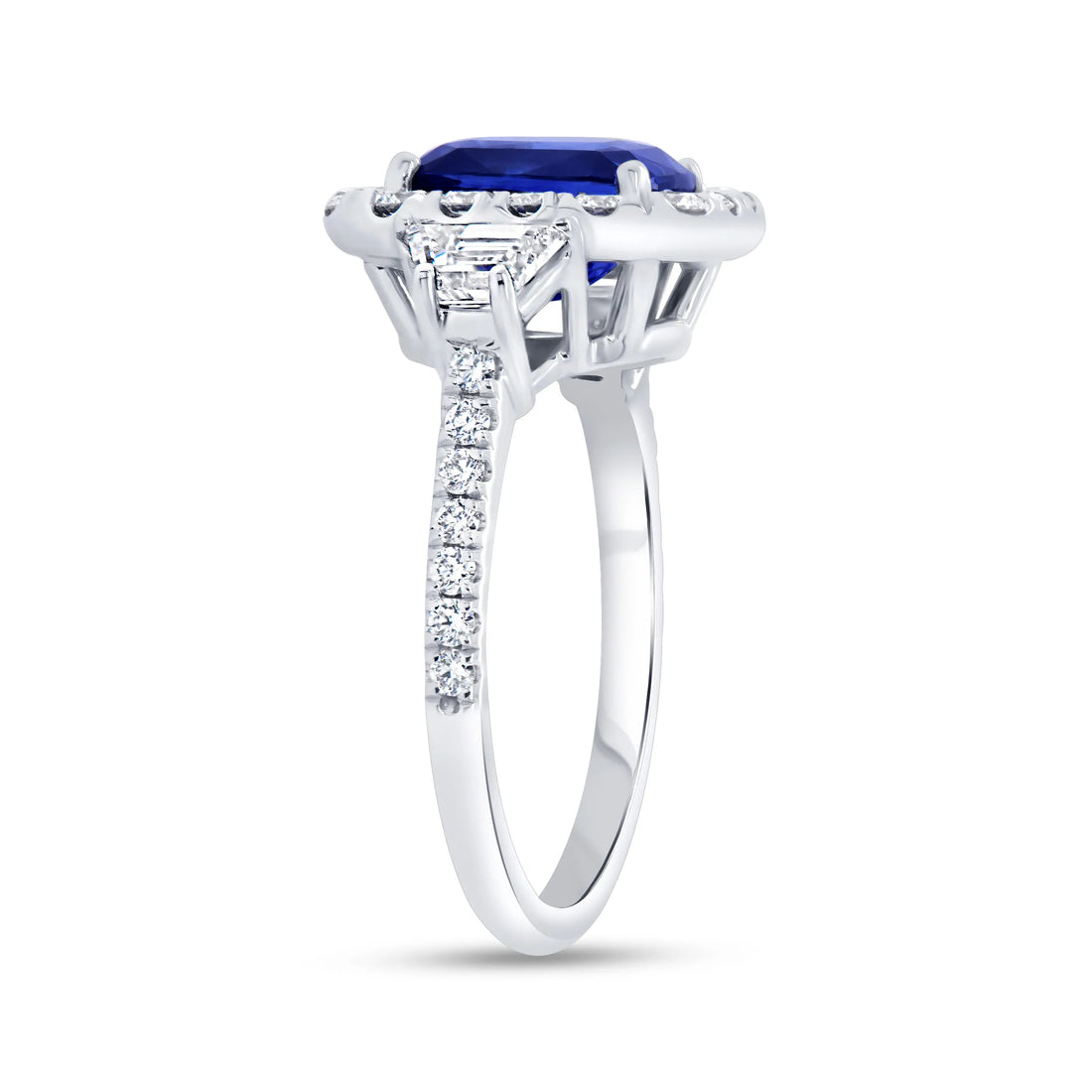 Uneek Precious Collection 3-Stone-Halo Cushion Cut Blue Sapphire Engagement Ring