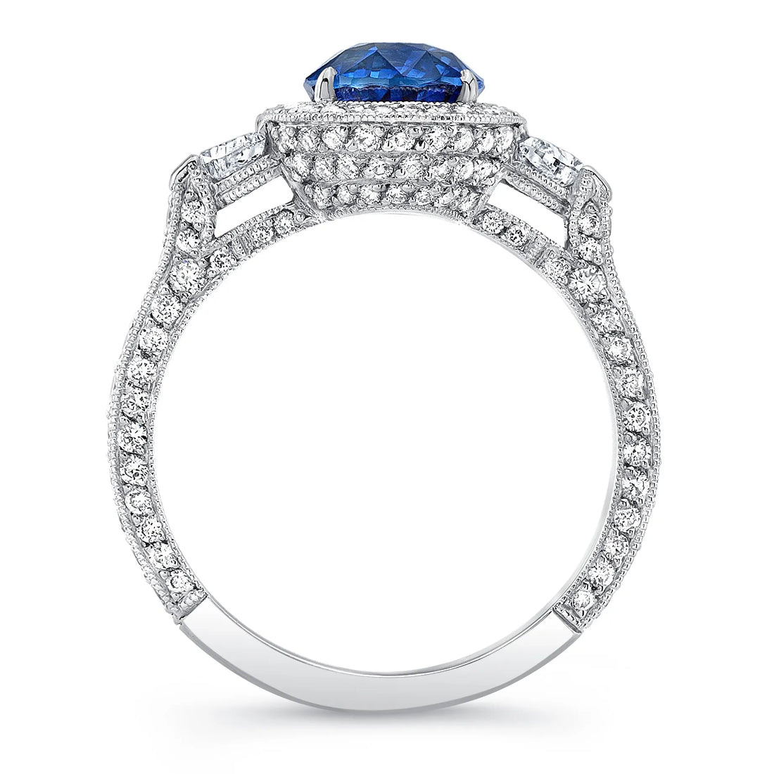 Uneek Deco-Inspired Oval Blue Sapphire and Half-Moon Diamond Three-Stone Ring