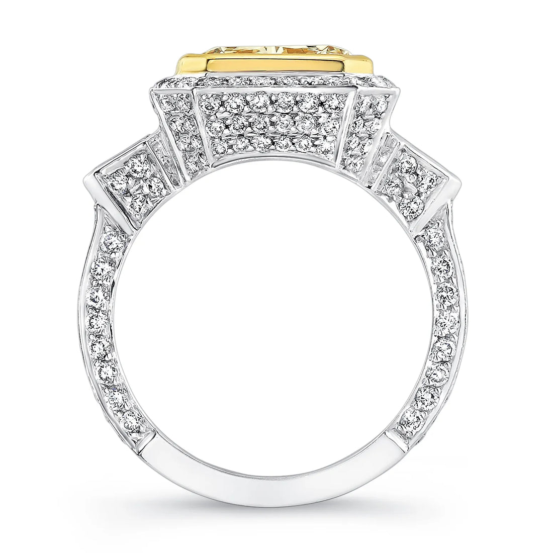 Uneek Deco-Inspired Diamonds-All-Around Fancy Yellow-Center Three-Stone Engagement Ring