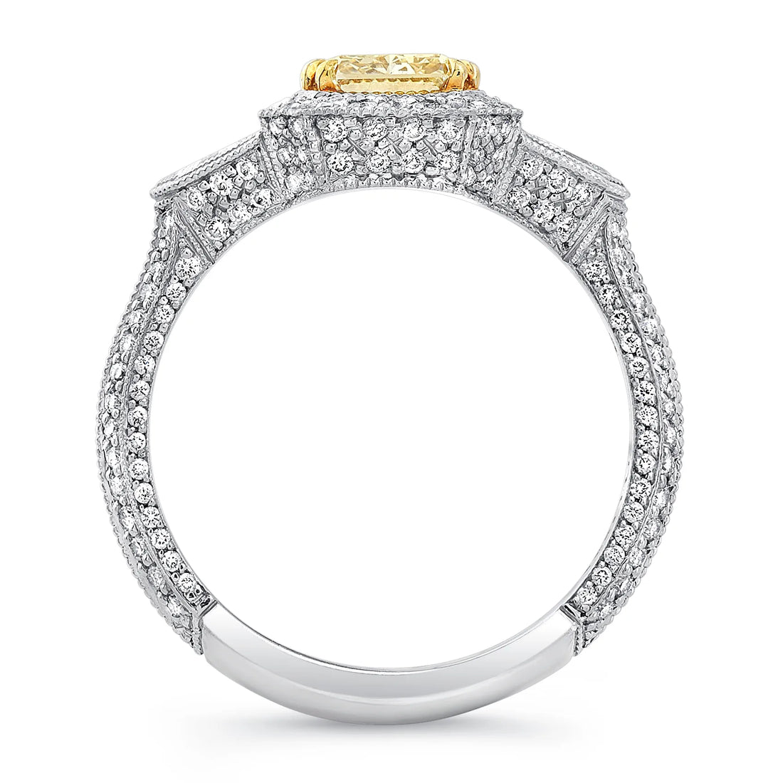 Uneek Estate-Inspired Three-Stone Ring with Radiant-Cut Fancy Yellow Diamond Center and Shield-Cut Diamond Sidestones