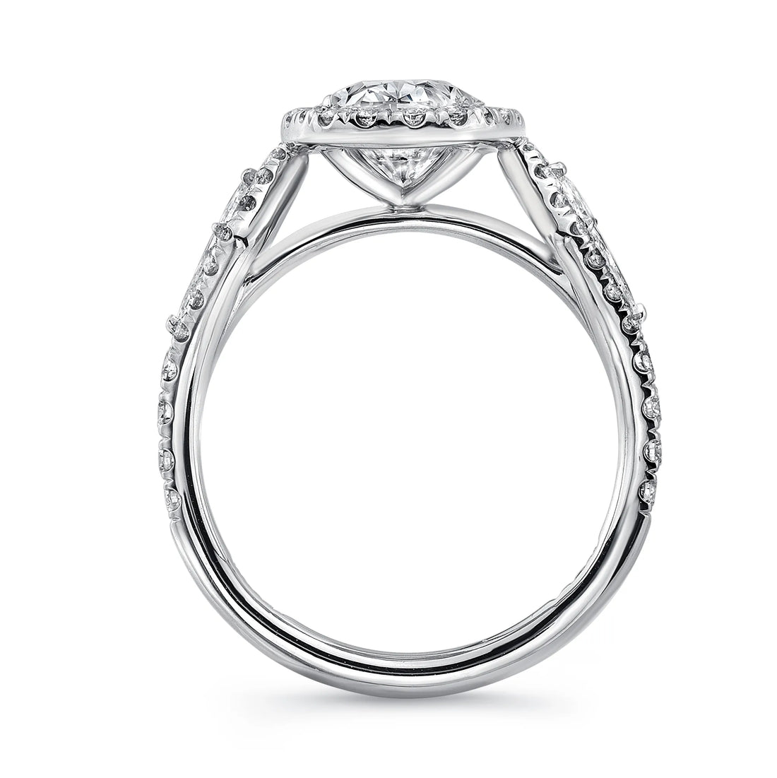 Uneek Three-Stone Ring with Oval Diamond Center and Kite-Shaped Sidestones