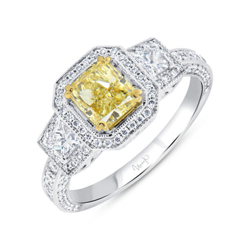 Uneek Natureal Collection 3-Stone-Halo Cushion Cut Yellow Diamond Engagement Ring