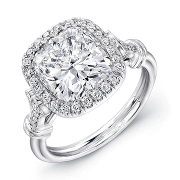 Uneek 7-Carat Cushion-Cut Diamond Halo Engagement Ring with Antique-Inspired Ornamented Gallery