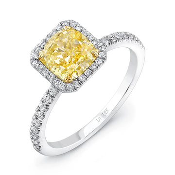 Uneek Natureal Collection Halo Cushion Cut Fancy Yellow Diamond Engagement Ring