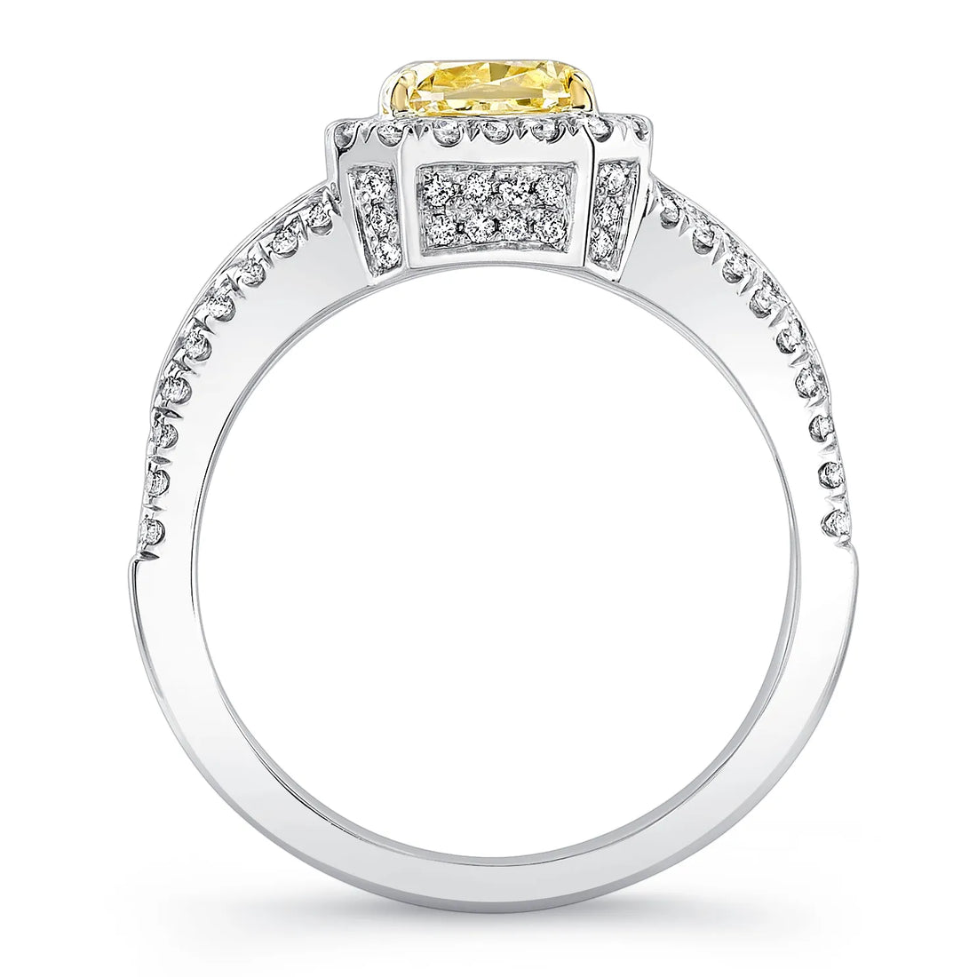 Uneek Cushion-Cut Fancy Yellow Diamond Engagement Ring with Milgrain-Trimmed Diamonds-All-Around Halo and Split Upper Shank