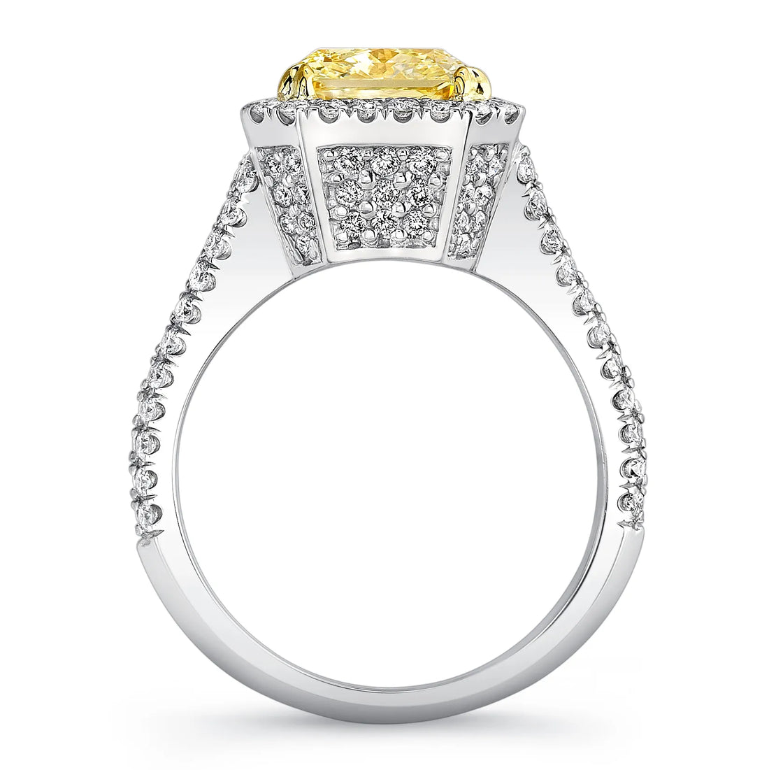 Uneek Radiant-Cut Fancy Yellow Diamond Halo Ring with Peekaboo Split Upper Shank and Filigree Detail
