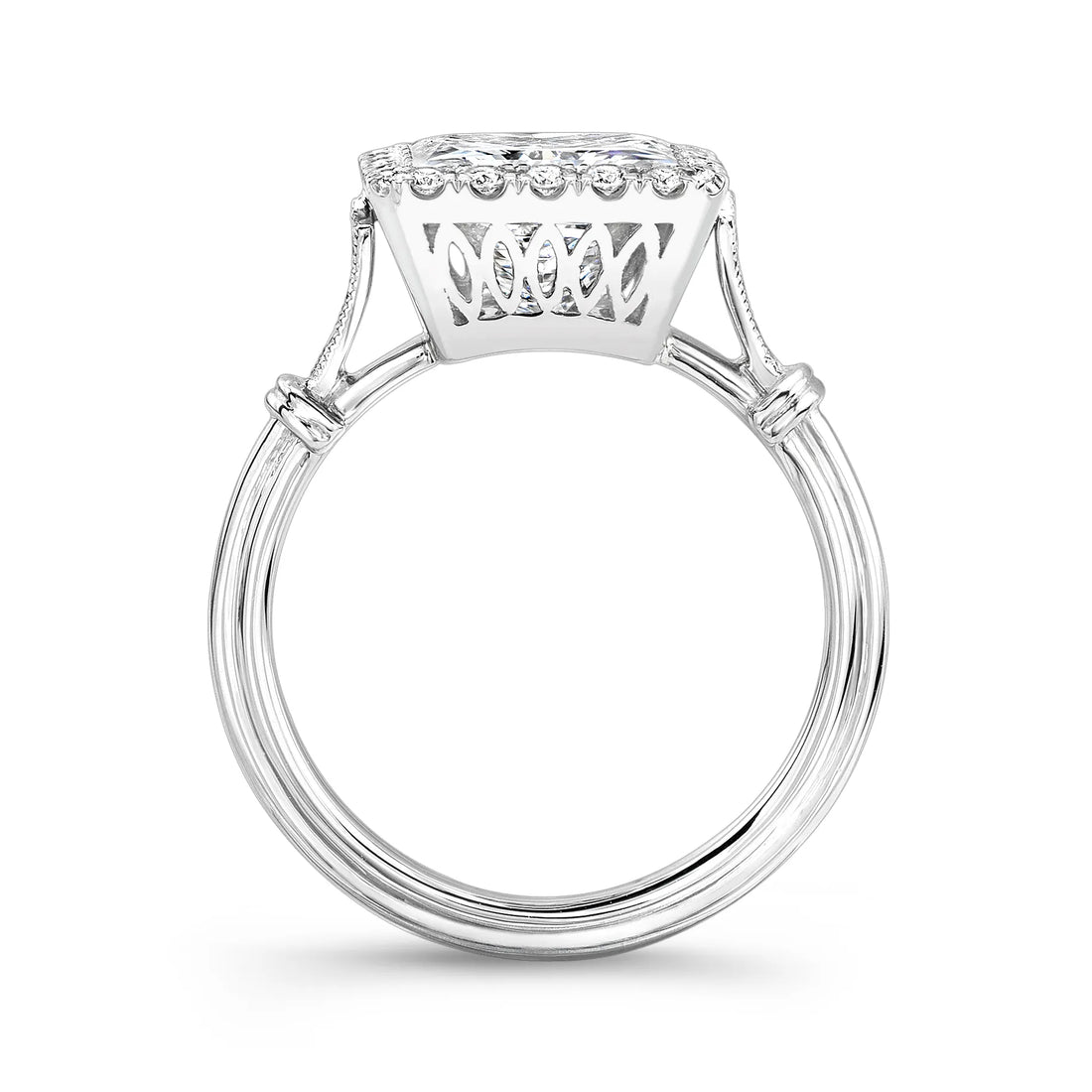 Uneek Princess-Cut Diamond Halo Engagement Ring with Antique-Inspired Ornamented Gallery and Tri-Fluted Shank