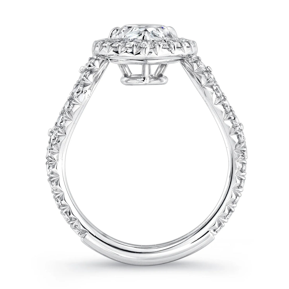 Uneek Pear-Center Three-Stone Engagement Ring with Pave Halo