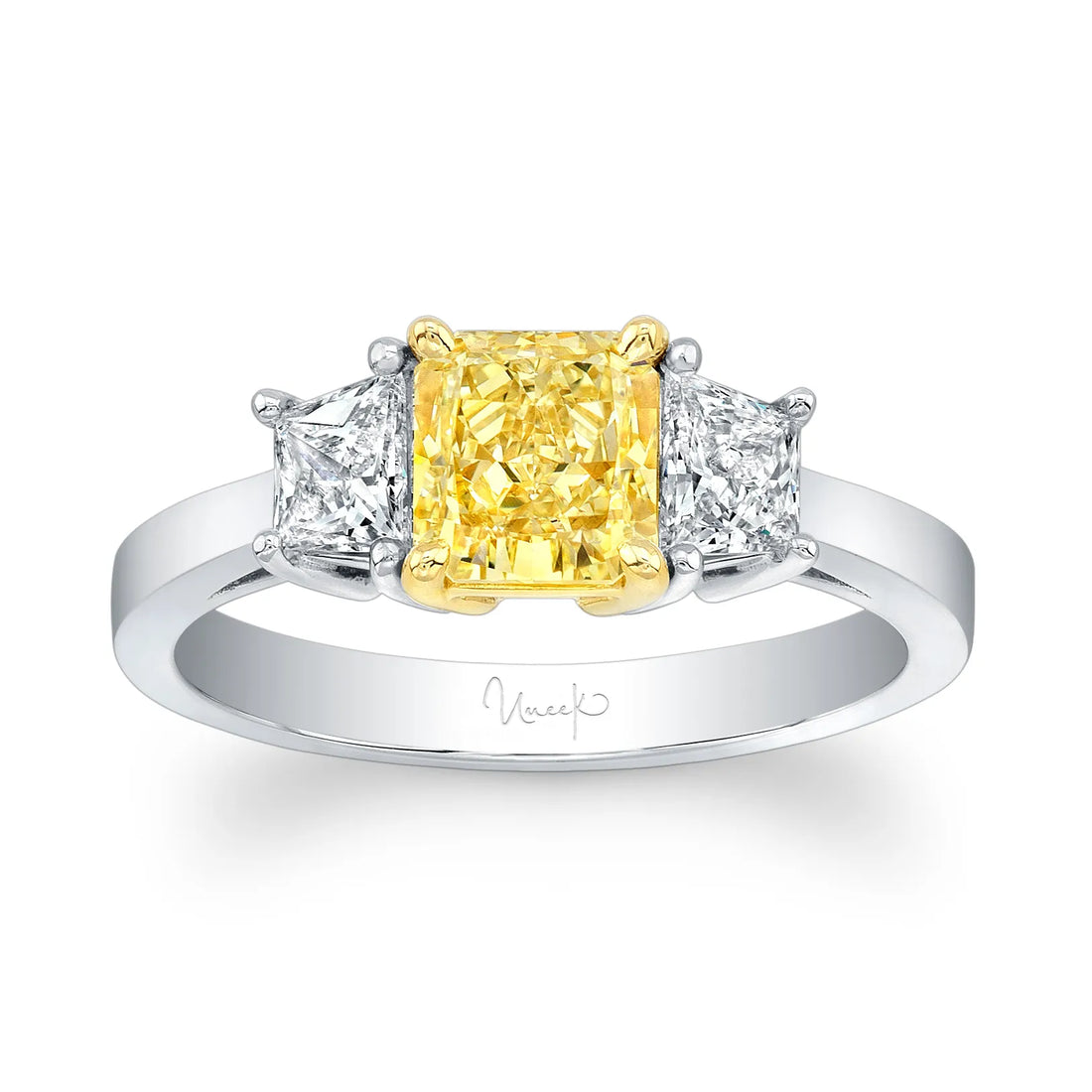 Uneek Natureal Collection Three-Stone Radiant Fancy Yellow Diamond Engagement Ring