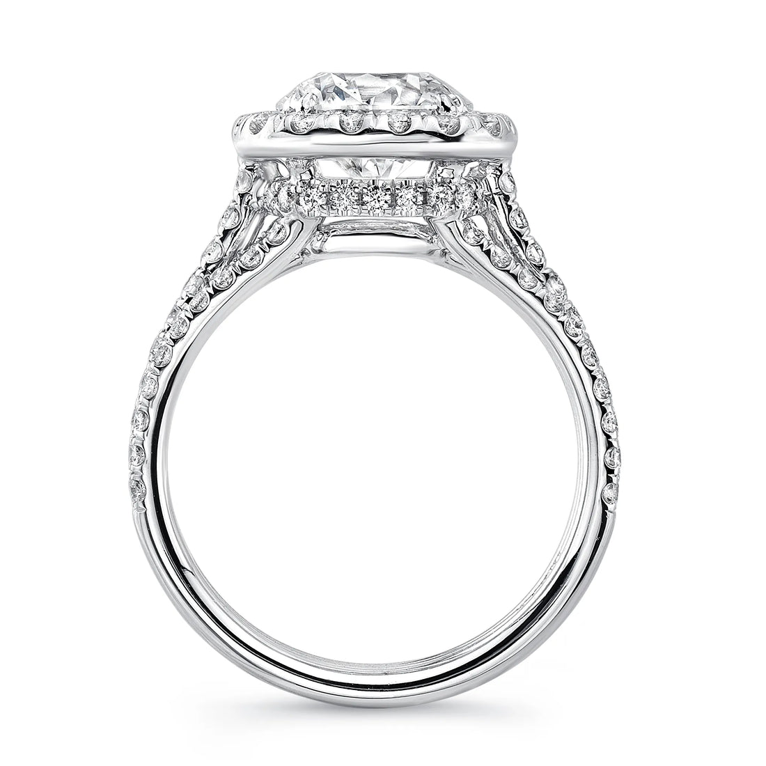 Uneek Round Diamond Engagement Ring with Cushion-Shaped Halo and Pave Triple Shank