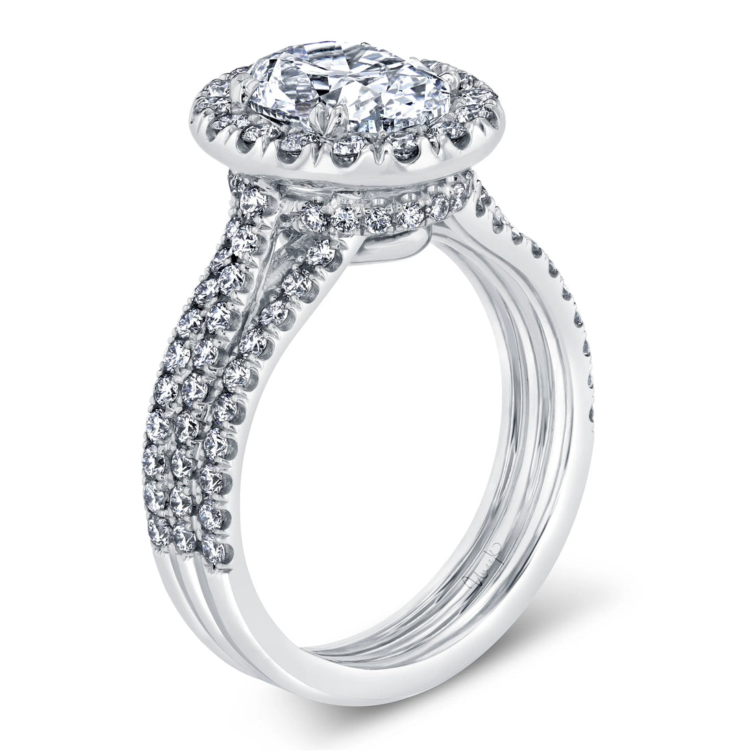 Uneek Oval Diamond Halo Engagement Ring with Pave Triple Shank