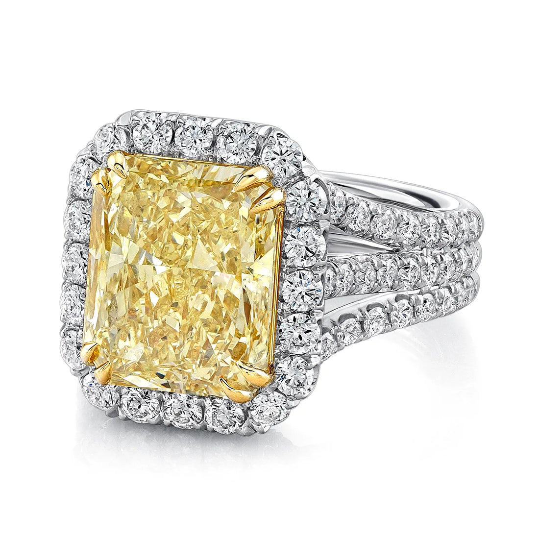 Uneek Radiant Fancy Yellow Diamond Halo Engagement Ring with Pave Triple Shank