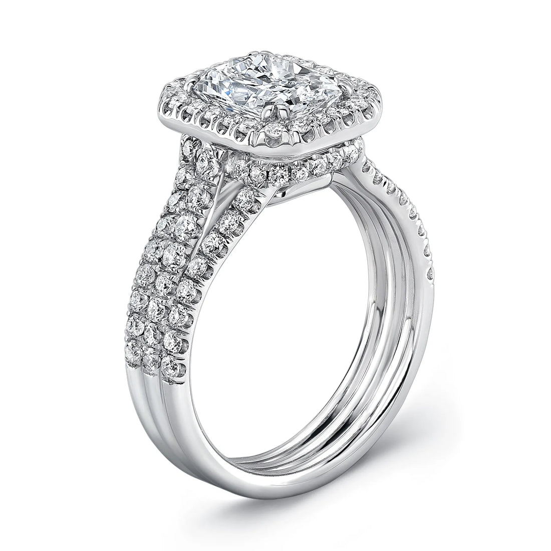 Uneek Radiant Diamond Halo Engagement Ring with Pave Triple Shank