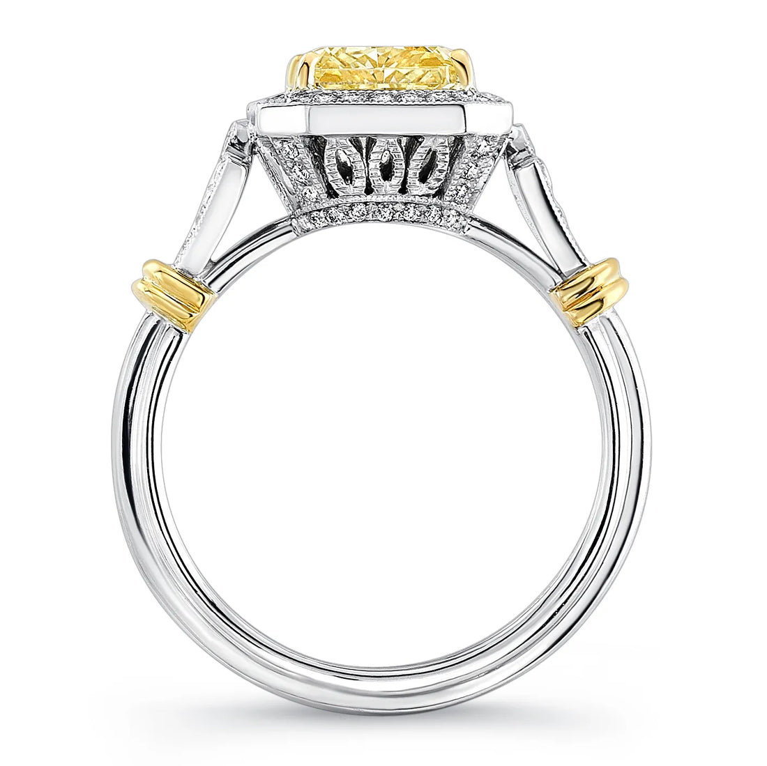 Uneek Radiant-Cut Fancy Yellow Diamond Halo Engagement Ring with Vintage-Inspired Accents
