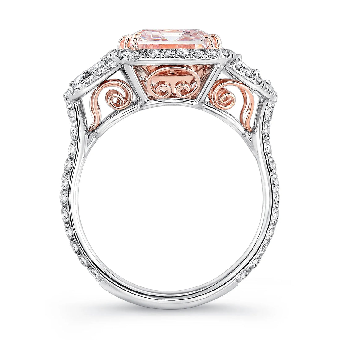 Uneek Emerald-Cut Fancy Light Pink-Center Three-Stone Engagement Ring with Filigree Accents
