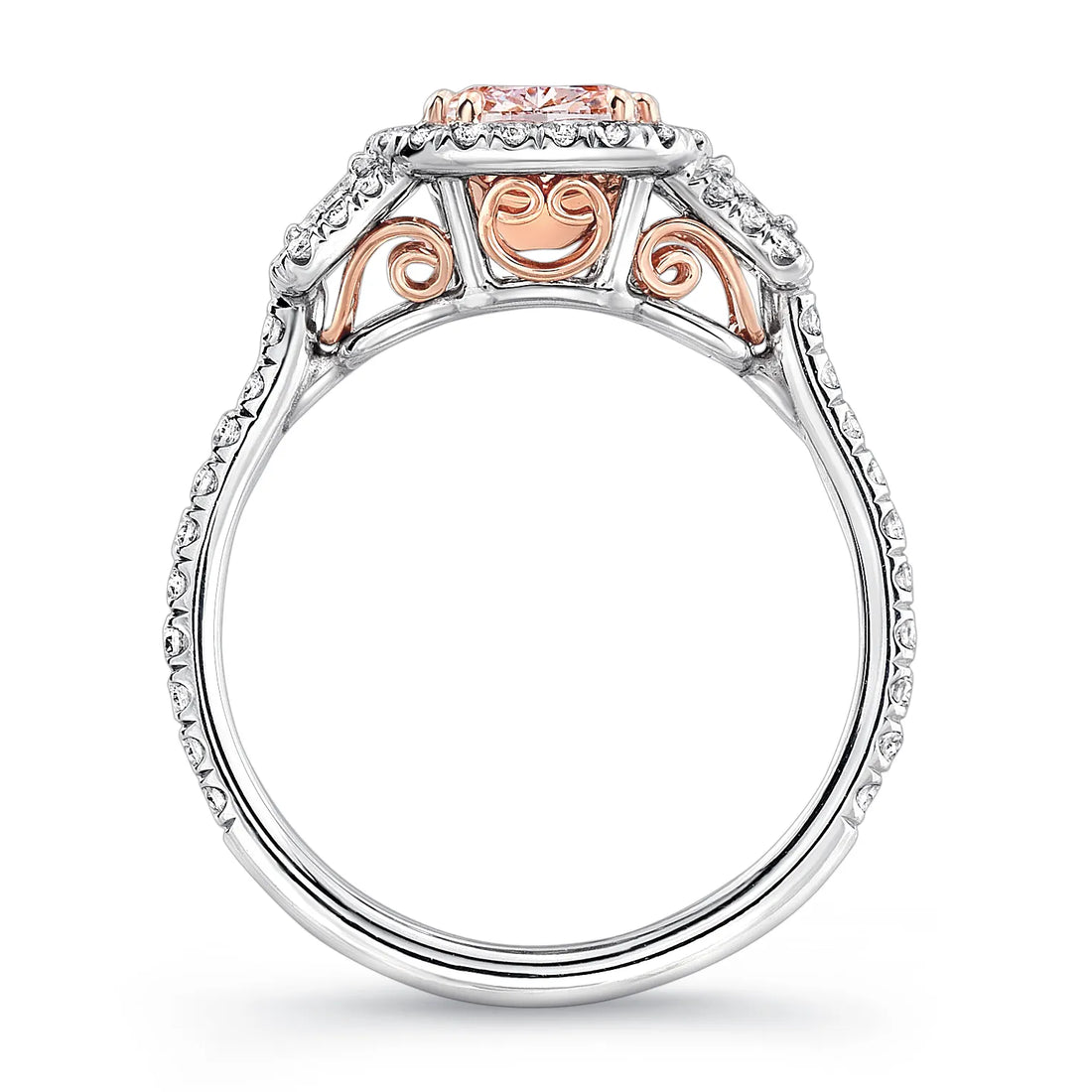 Uneek Cushion-Cut Fancy Light Pink-Center Three-Stone Engagement Ring with Filigree Accents