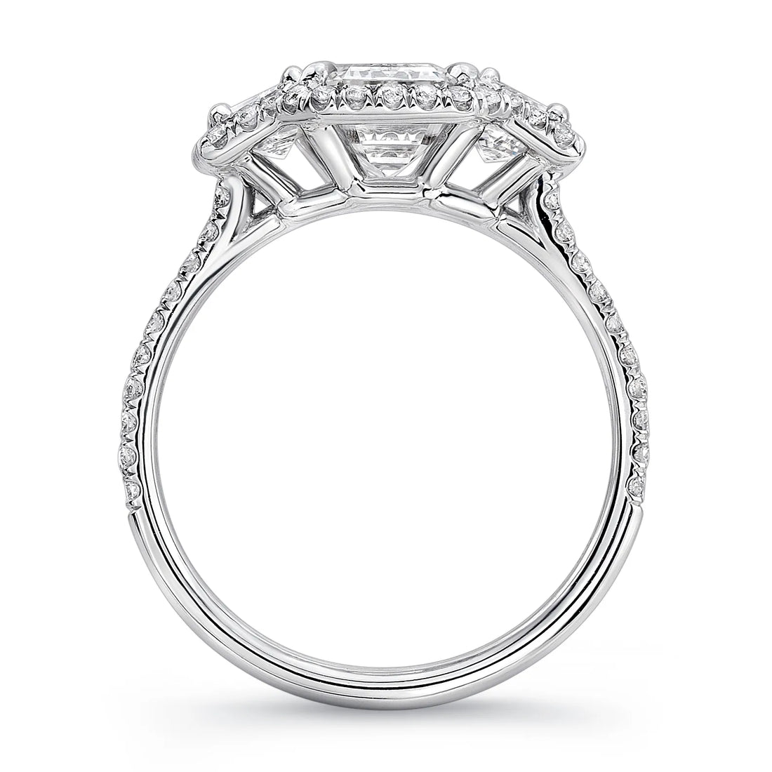 Uneek Emerald-Cut Diamond Three-Stone Engagement Ring with Round Diamond Halo and Pave Double Shank