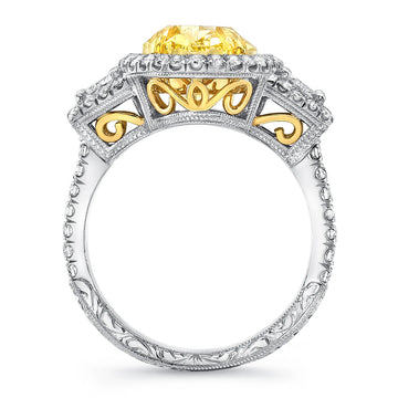 Uneek Natureal Collection 3-Stone-Halo Oval Shaped Yellow Diamond Engagement Ring