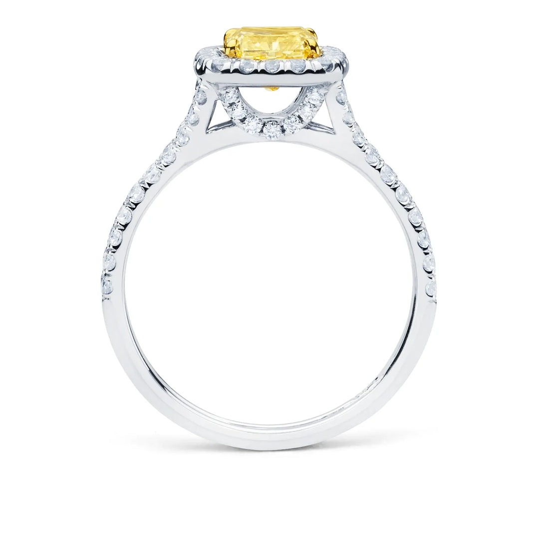 Uneek Fancy Yellow Radiant-Cut Diamond Halo Engagement Ring with Pave Silhouette Shank