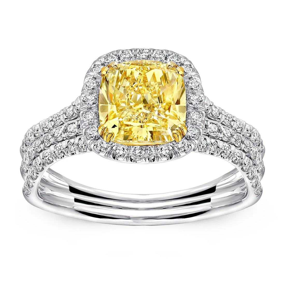 Uneek Silhouette Collection Halo Cushion Cut Yellow Diamond Engagement Ring