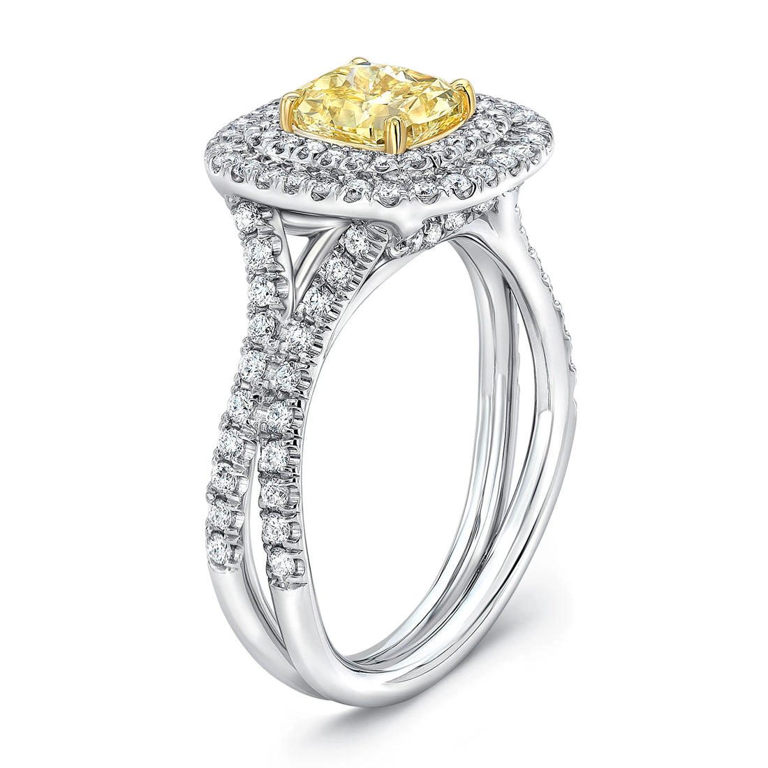Uneek Cushion-Cut Fancy Yellow Diamond Engagement Ring with Double Halo and Silhouette Shank