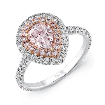 Uneek Pear-Shaped Pink Diamond Engagement Ring with Pink Diamond Inner Halo and White Diamond Outer Halo