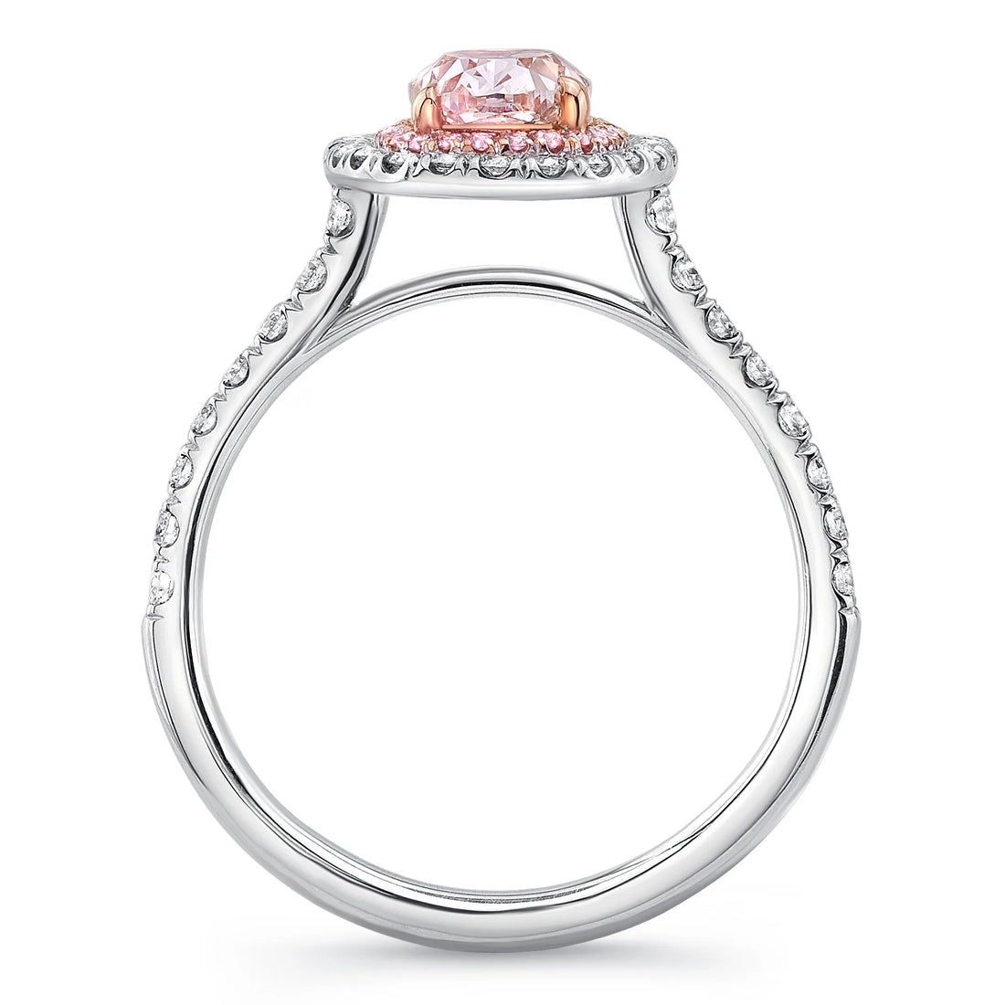 Uneek Oval Pink Diamond Engagement Ring with Pink Diamond Inner Halo and White Diamond Outer Halo