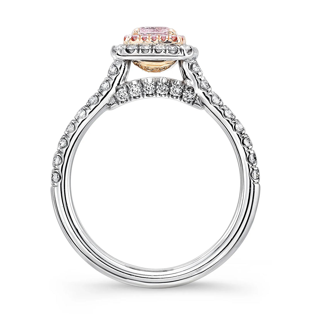 Uneek Radiant-Cut Pink Diamond Engagement Ring with Pink Diamond Inner Halo and White Diamond Outer Halo