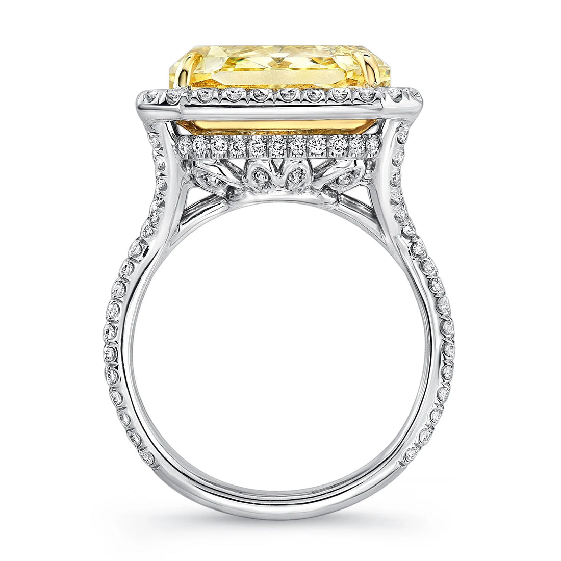 Uneek 12-Carat Radiant-Cut Fancy Yellow Diamond Halo Engagement Ring with Pave Silhouette Double Shank