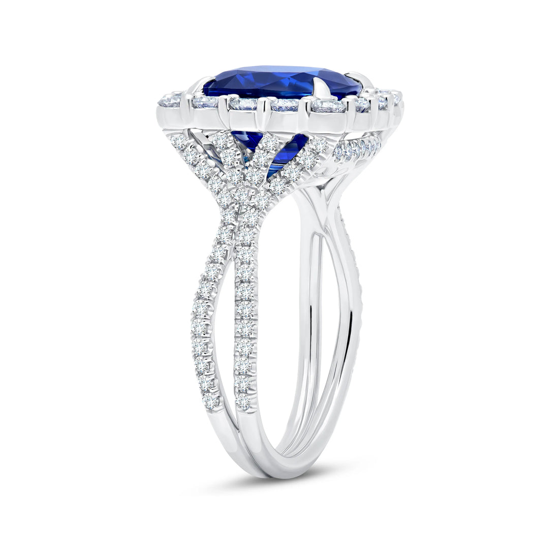Uneek Cushion-Cut Sapphire Engagement Ring with Scalloped Diamond Halo and Silhouette Double Shank