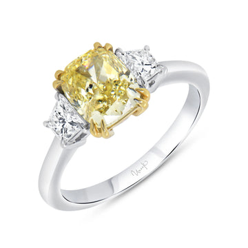 Uneek Natureal Collection Three-Stone Cushion Cut Yellow Diamond Engagement Ring
