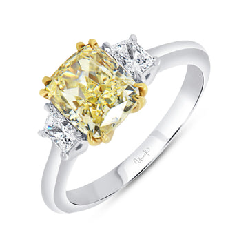 Uneek Natureal Collection Three-Stone Cushion Cut Yellow Diamond Engagement Ring