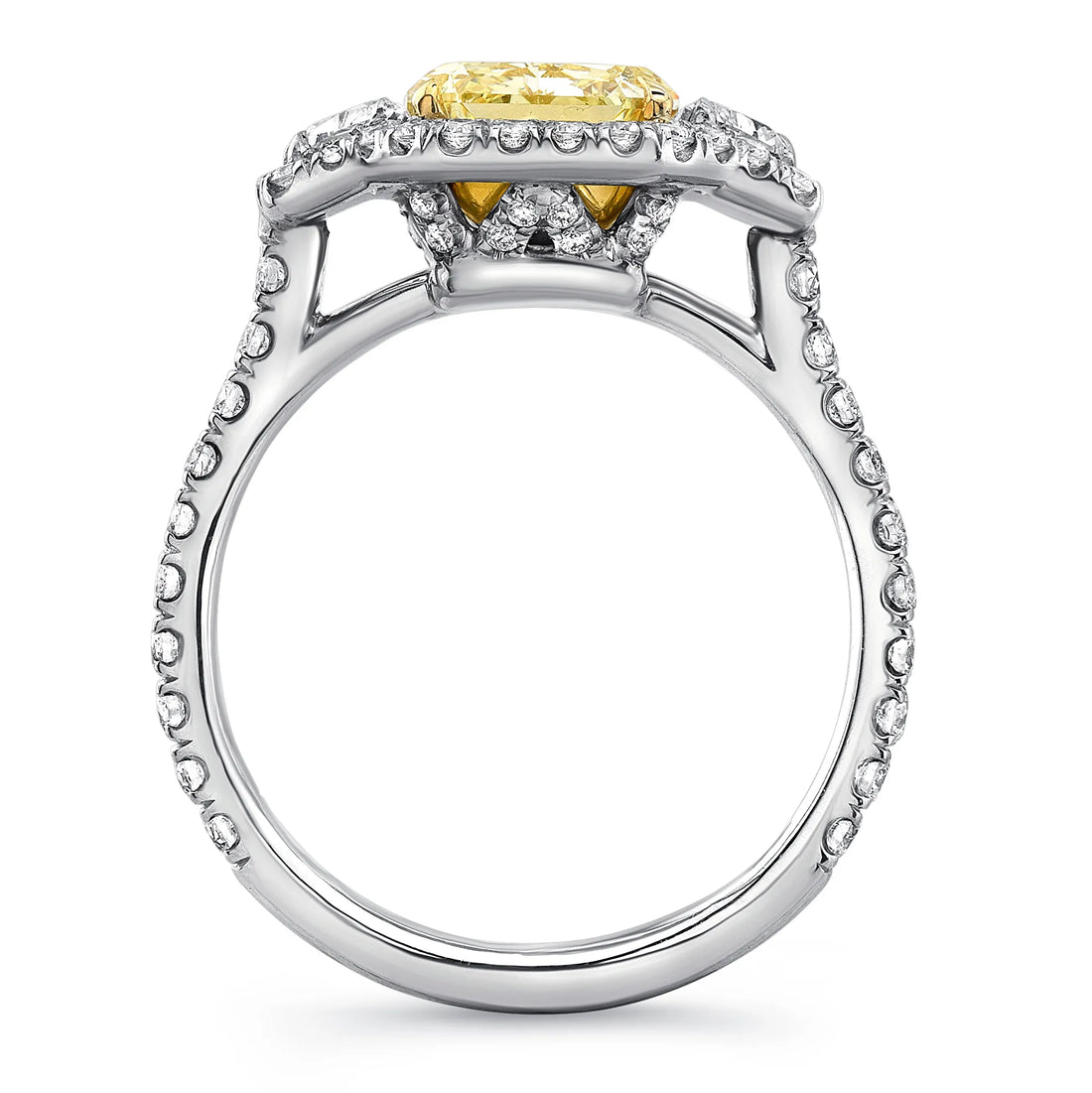 Uneek Radiant-Cut Yellow Diamond Center Three-Stone Engagement Ring with Pave Halo